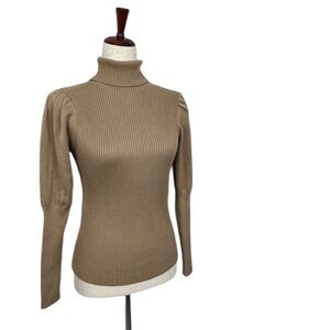QED London Ribbed Turtleneck Poof Shoulder Sweater. Tan Size S/M. #695